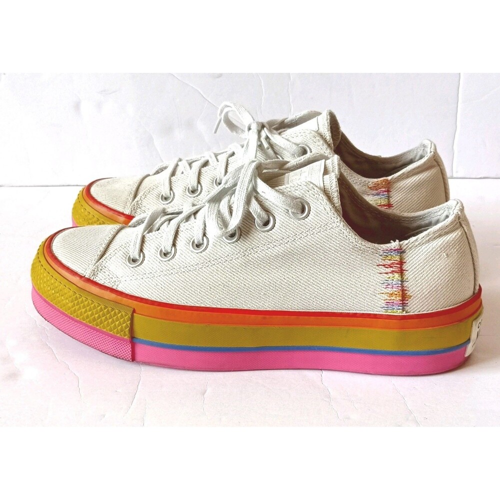 Converse White Canvas Low Top Sneakers with Pink Yellow Orange Stripe Sole